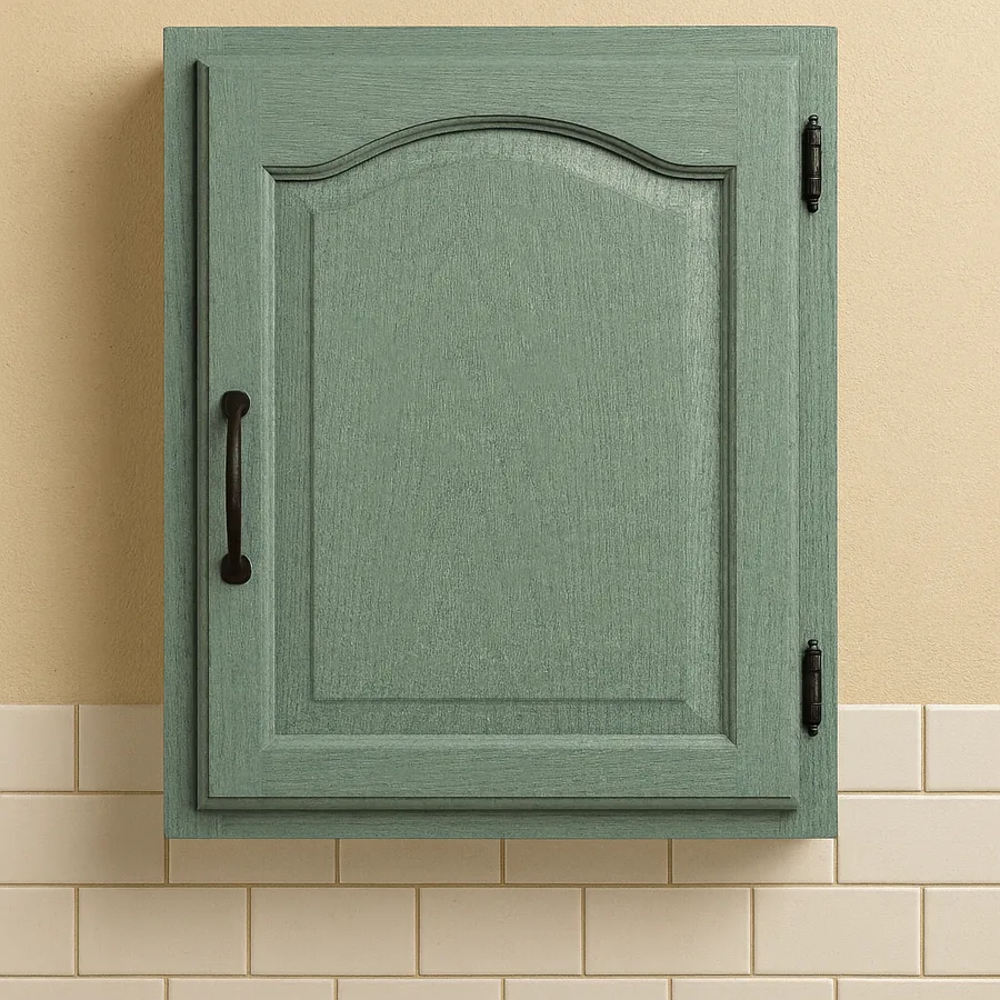 Illustrative example: the same style of cabinet refinished in painted sage green enamel