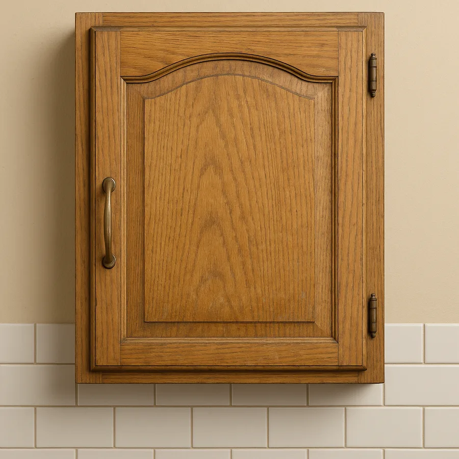 Illustrative example: a dated 1980s honey-oak kitchen cabinet before refinishing