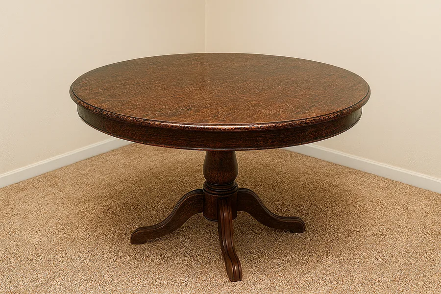 Illustrative example: the same style of table refinished in a rich walnut stain