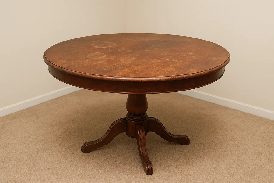 Illustrative example: a faded and water-ringed 1990s dining table before refinishing