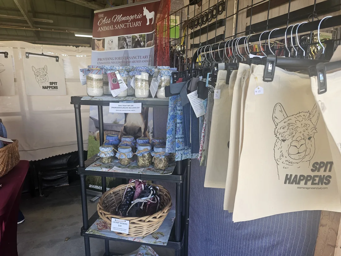TAMS Sanctuary merchandise table with hand-illustrated tote bags, catnip toys and treat jars